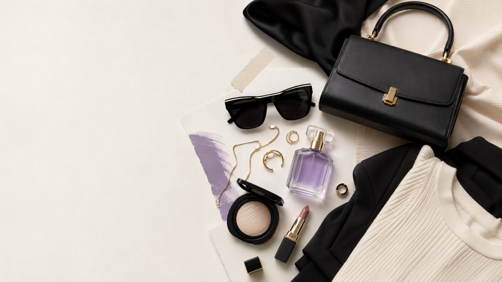 Baddiehub baddie fashion, beauty and accessories editorial flat lay